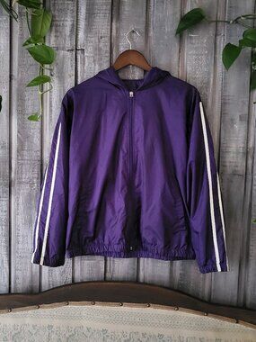 Vintage Purple Hooded Windbreaker Jacket White Striped Sleeve Outerwear